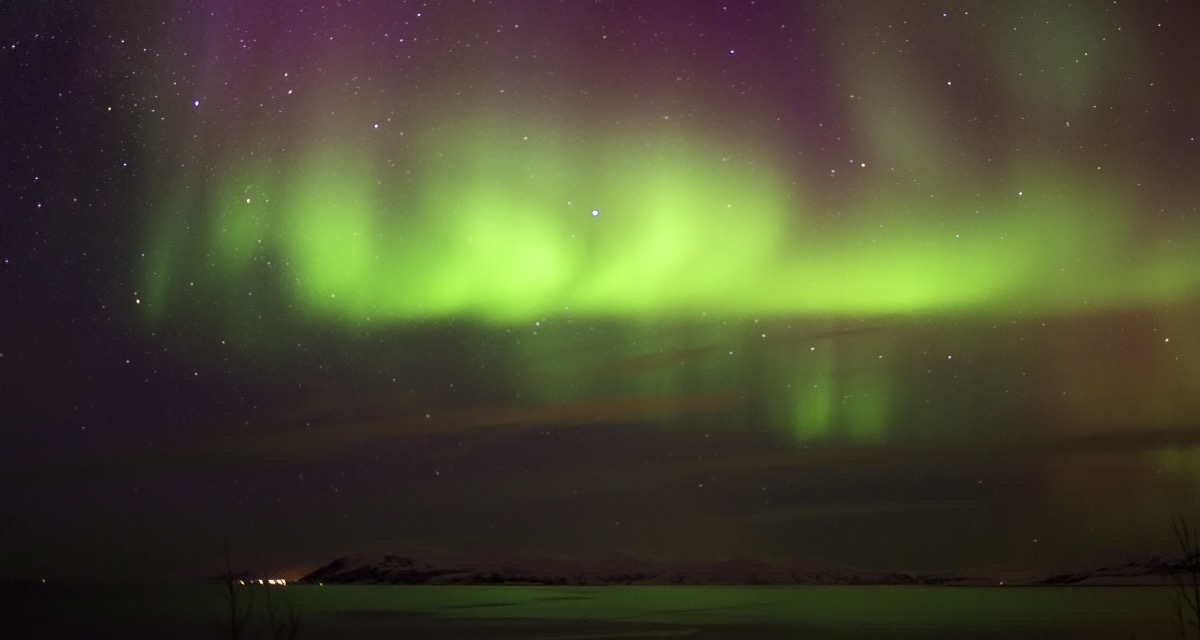 aurora-horizon Green and violet ribbons stretching above the frozen horizon.