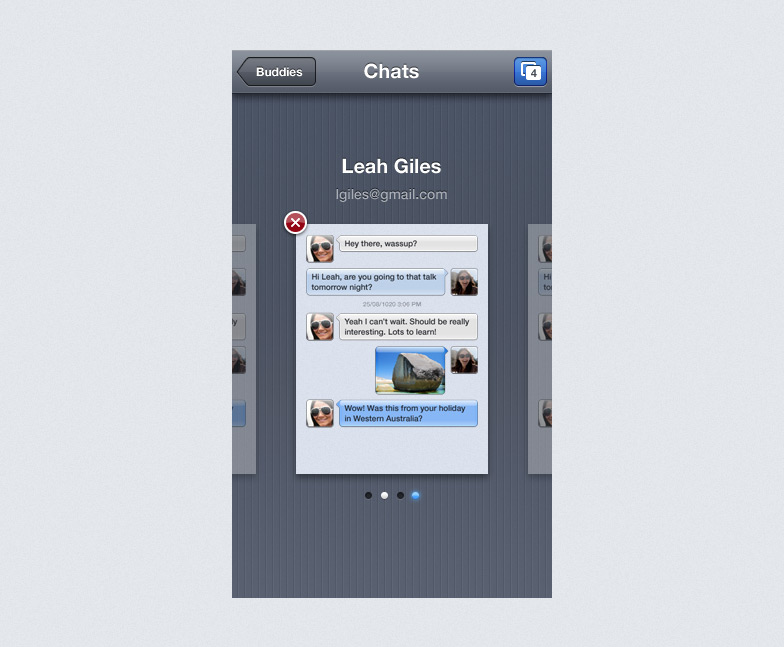 Final design of switcher zoomed out of conversations into a page view of current and recent conversations.