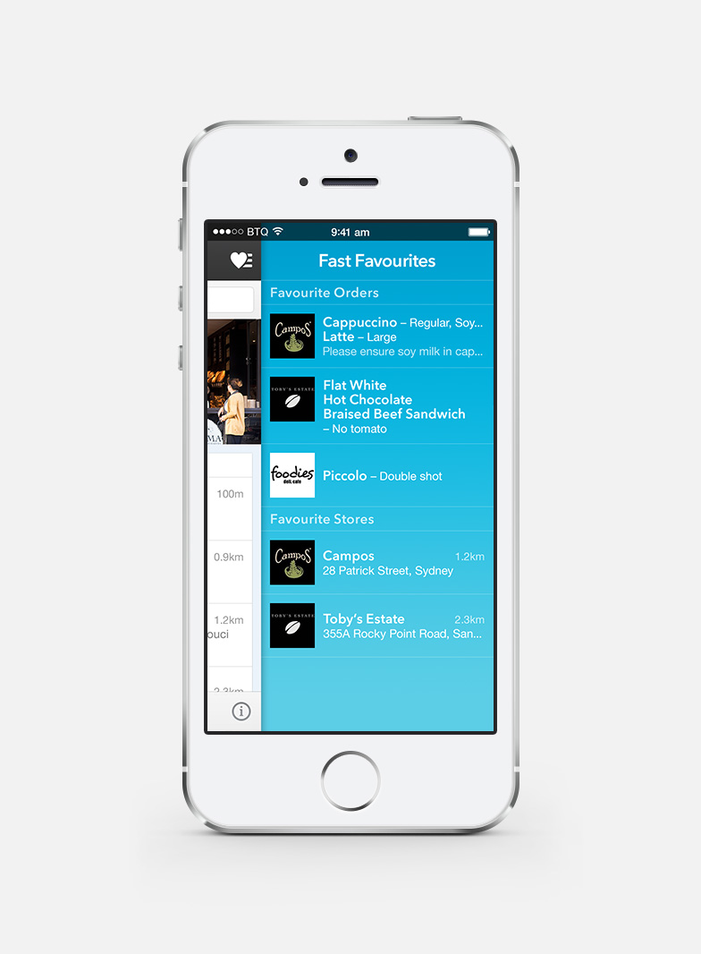 Your favourite orders and stores are only one tap away, appearing via menu that slides in from the side.