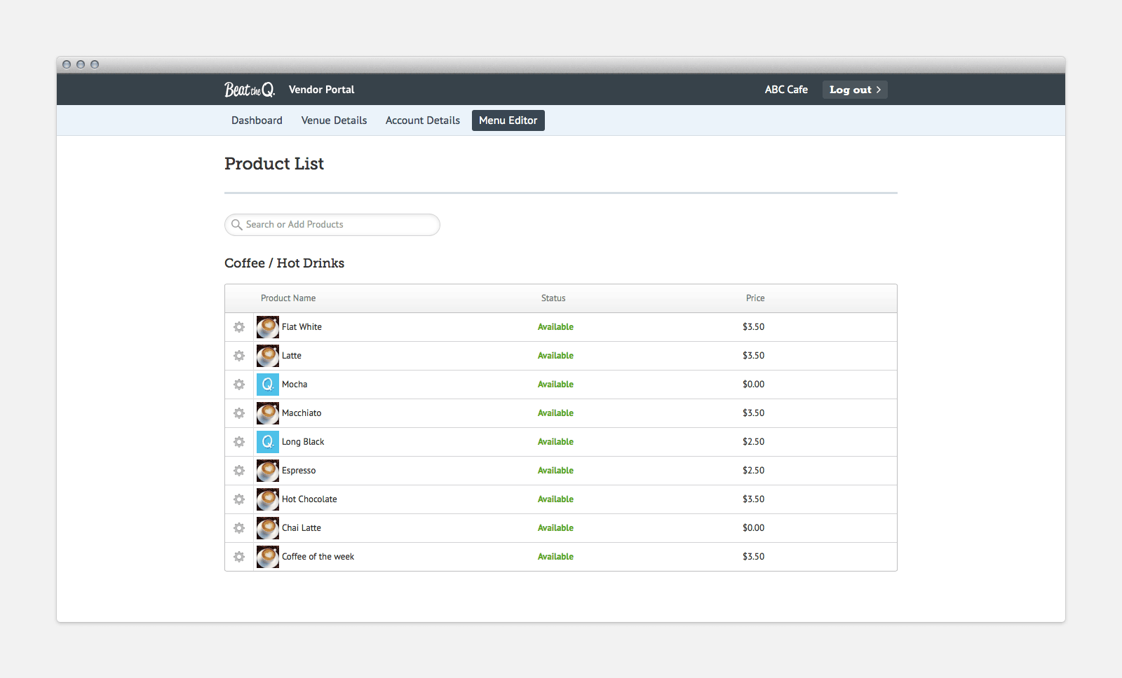 Vendor portal product list.